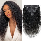 20 inch 3c 4a Kinky Curly Clip ins Real Human Hair for Full Head Full Curly Clip on Hair Extensions Natural Black Color Clip in Hair For Women 120g/pack(20inch,#1B)