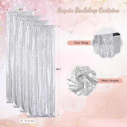 PartyDelight Silver Sequin Backdrop Curtains 2x8ft 4 Panels | Sparkly 3mm - Image 2