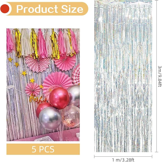 5 Pack Silver Foil Curtain Backdrop 3.2ft x 9.8ft Metallic Tinsel Foil Fringe - Image 3