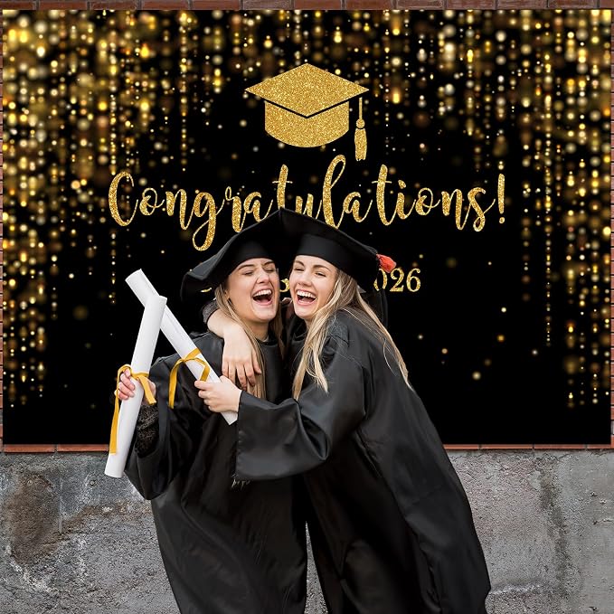Mocsicka Class of 2026 Backdrop Black Gold Glitter Bokeh Graduation Party - Image 7