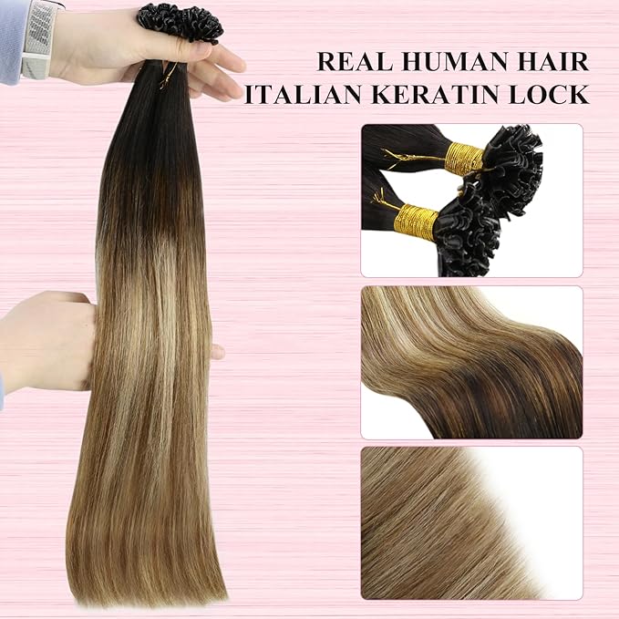 YoungSee U Tip Hair Extensions Human Hair Balayage U Tip Hair Extensions Ombre Dark Brown to Brown with Blonde K Tips Hair Extension Real Human Hair Silky 18In Balayage Utip Remy Hair 1g/s 50g