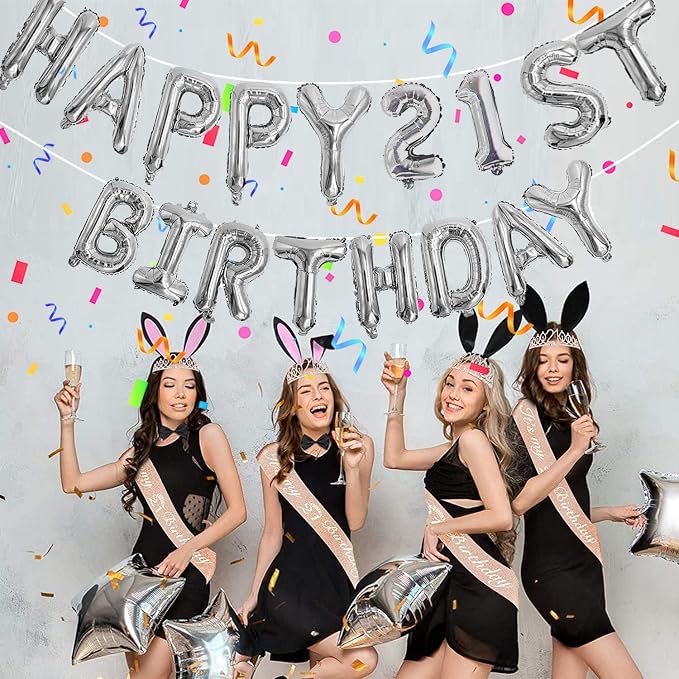 Silver Happy Birthday Balloon Banner Set -16" Foil Letters Balloons | 76pcs - Image 2