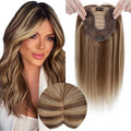 Hair Toppers for Women Real Human Hair No Bangs, 13 * 15 cm Larger Silk Base 150% Density Clip In Topper Hairpieces, Wiglet Top Pieces Add Volume /10 Inch 4P27 Medium Brown&Dark Blonde