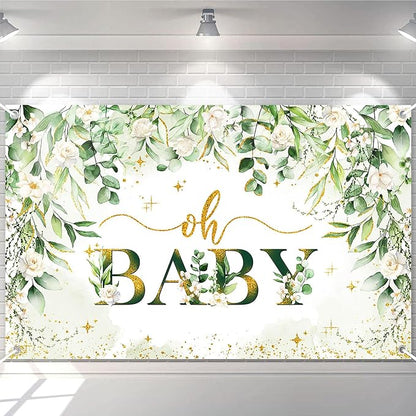 Greenery Boy Baby Shower Decorations Banner Floral Green Sage Oh Baby Backdrop by AVEZANO