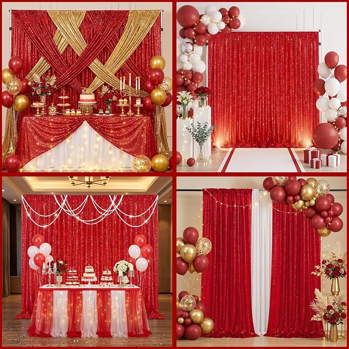 Red Sequin Backdrop Curtains 2 Pcs 3.3ftx8ft Sparkle Backdrop Fabric | Glitter - Image 2