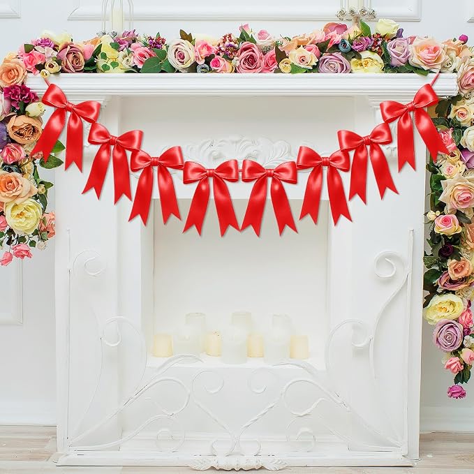 1 String of 8PCS Red Bow Garland Banner Decoration, Pre-Strung Satin Ribbon by Unknown