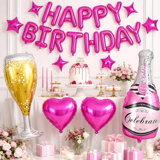 Hot Pink Happy Birthday Balloons Banner, Star Heart Balloons, Champagne Bottle - Image 6