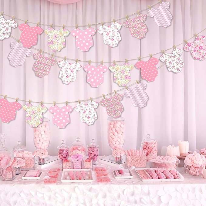 Pink Floral Baby Shower Banner for Girls, Baby Girl Onesie Garland, Boho Pink - Image 6