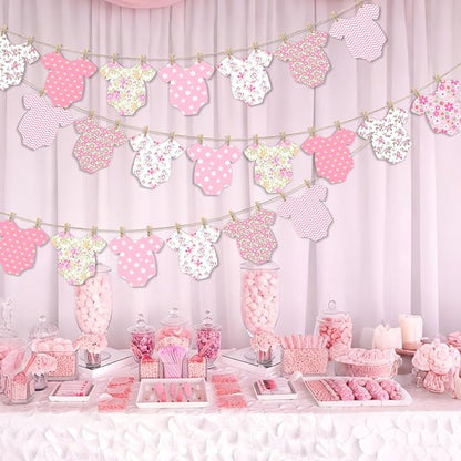 Pink Floral Baby Shower Banner for Girls, Baby Girl Onesie Garland, Boho Pink - Image 6