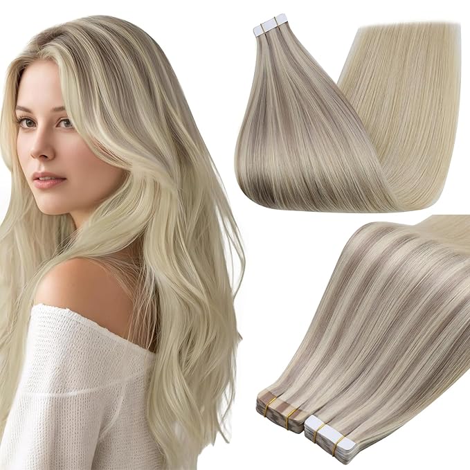 Full Shine Tape in Hair Extensions Real Human Hair Balayage Color 18 Ash Blonde Ombre 22 And 60 Blonde Seamless Tape ins Human Hair Extensions Invisible 16Inch Remy Human Hair 50G for Women 20Pcs