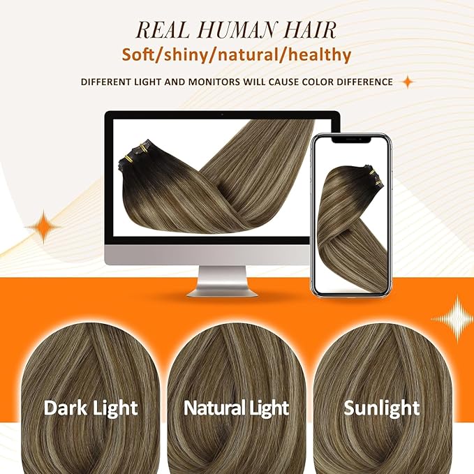 Full Shine Clip in Human Hair Extensions Balayage Dark Brown to Brown Mix Caramel Blonde Clip in Hair Extensions Softness Remy Hair 14 Inch 8 PCS 120 Grams