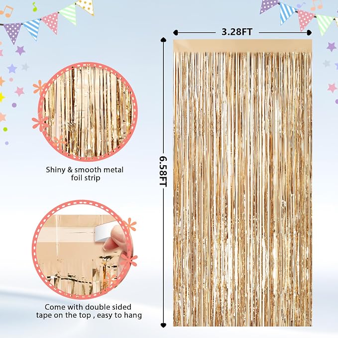 2Pack Champagne Gold Foil Fringe Backdrop Curtains, Tinsel Door Streamers - Image 2