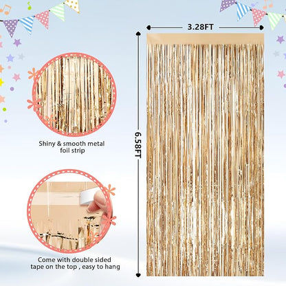 2Pack Champagne Gold Foil Fringe Backdrop Curtains, Tinsel Door Streamers - Image 2