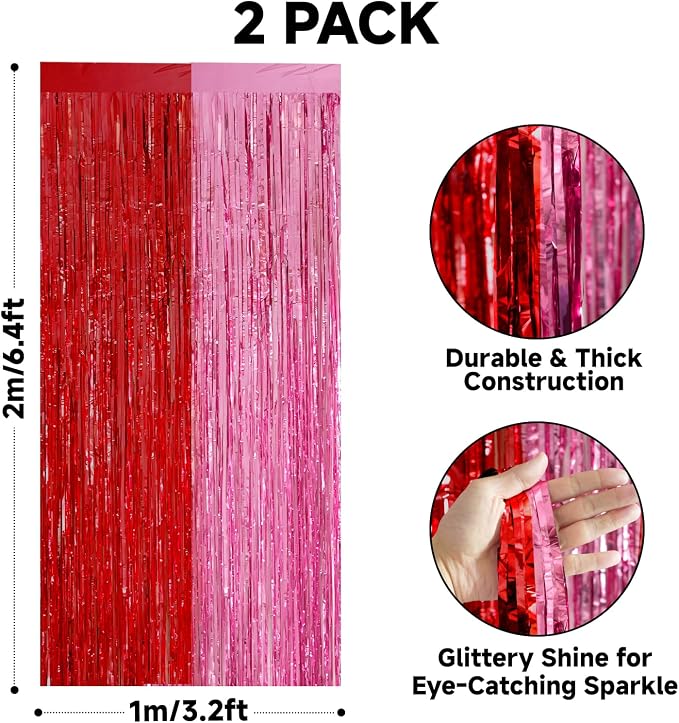 jijAcraft Red Pink Tinsel Foil Fringe Curtain, 2 Pack 3.2x6.5 Feet Pink Red - Image 2