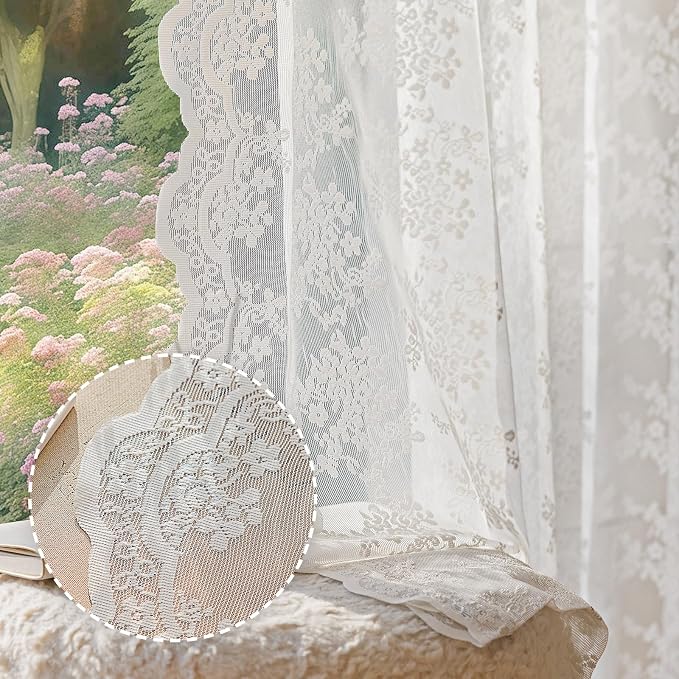Anmao Vintage White Lace Curtains 45 Inches Long 2 Panels Set, Romantic Elegant by Anmao