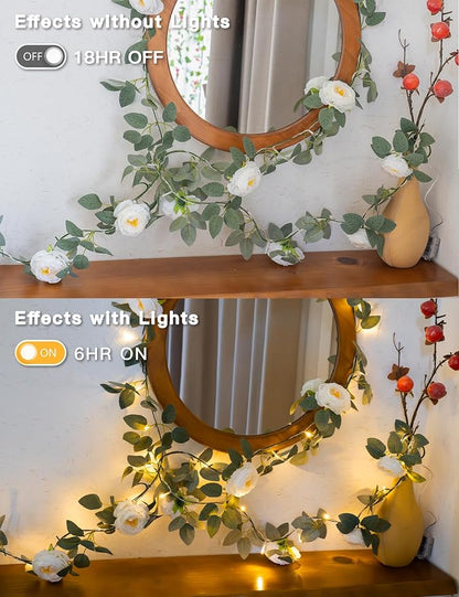 60LED Garland with White Camellia Lights Battery Operated Clear Wire | Vines - Image 5