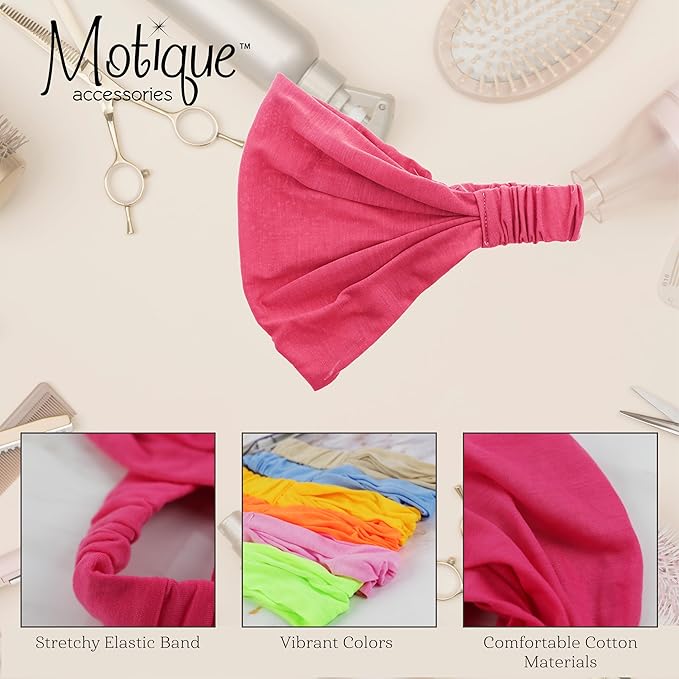 Motique Accessories Hot Pink Wide Cotton Head Band Solid Boho Yoga Style Soft Hairband for Women