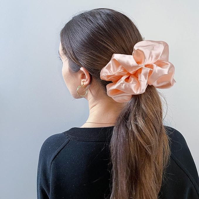 CEELGON Big Real Silk Scrunchies for Hair Satin Oversized for Sleep Large Scrunchie for Curly Hair Silk Thick Elastic Hair Ties Jumbo Hair Scrunchies 6 Pack (black, champagne, pink,khaki, blue, shell pink)