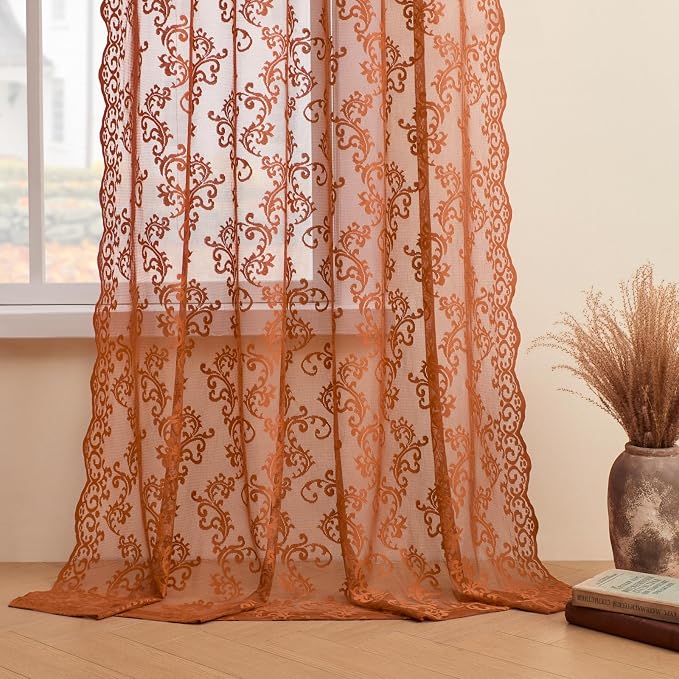 Brunt Orange Lace Curtains 63 Inch Length 2 Panels Set - Image 5