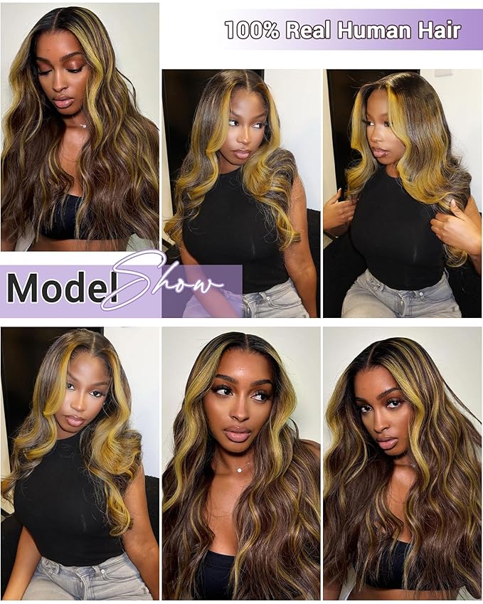 Highlight Yellow Golden Blonde On Chocolate Brown Color Body Wave Human Hair Bundles 100% Real Virgin Human Hair 3 Bundles Body Wave 12 14 16 Inch Colored Sew in Quick Weave