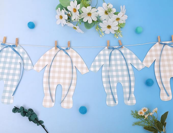 Blue and Cream Baby Onesie Garland – 8 PCS Big Size Baby Shower Banner - Image 6