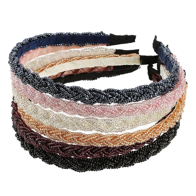MTLEE 6 Pieces Beaded Headbands for Women Sparkly Crystal Beaded Hair Hoop Hairbands Multiple Color Hair Accessories Head Bands Christmas Gift(Classic Colors)