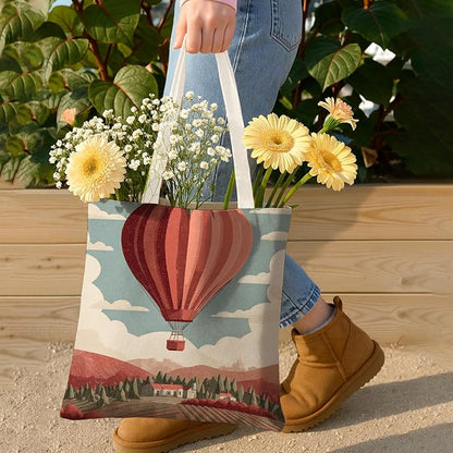 Vintage Hot Air Balloon Canvas Tote Bags, Artistic Landscape Reusable Grocery - Image 3