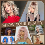 MISSQUEEN Short Ombre Platinum Blonde Wig with Bangs12 Inches Short Wavy Curly Wigs for Women Natural Looking Synthetic Heat Resistant Fiber Wig for Daily Cosplay Halloween Party Use