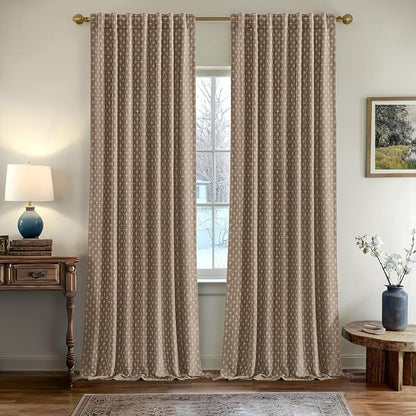 MIULEE Patterned Farmhouse Linen Curtains, Back Tab, Light Brown | Linen by MIULEE