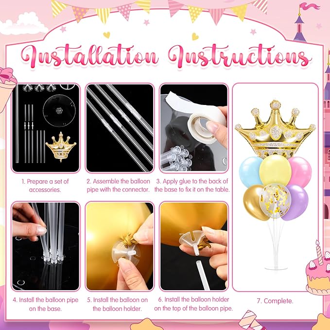 Seematn 2 Set Princess Balloon Stand Kits Pastel Gold Crown Balloons Sticks - Image 4
