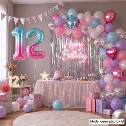 40 Inch Blue Pink Number 12 Balloon, Ombre Foil Tween Birthday Party Decor | - Image 5