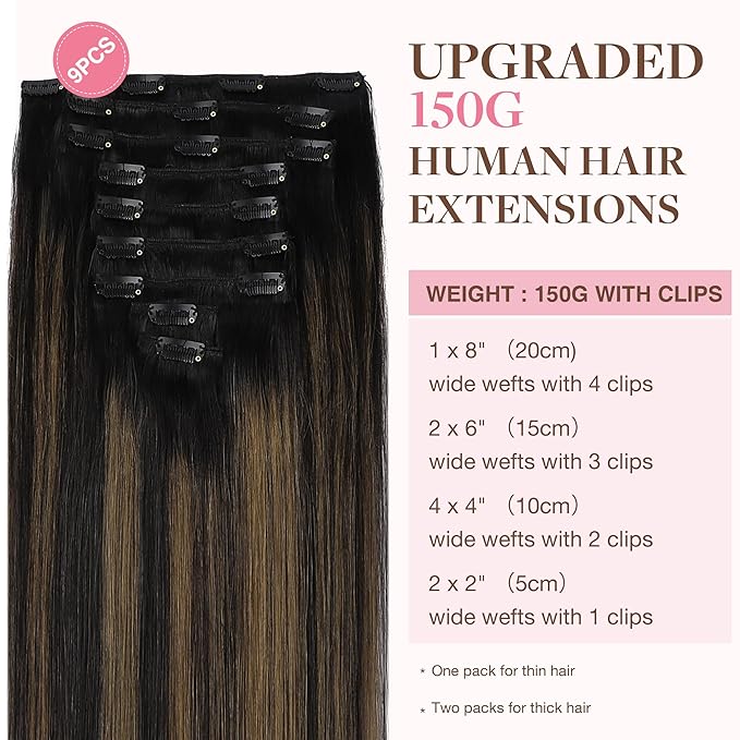 GOO GOO Clip in Hair Extensions Real Human Hair, Remy Human Hair Extensions Clip ins for Women, Natural Human Hair, 22inch 150g 9Pcs, 1B/6/1B Balayage Natural Black to Chestnut Brown