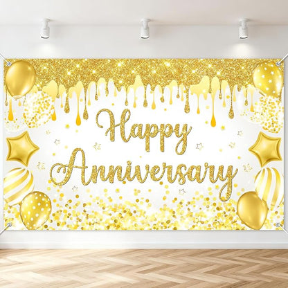 Mocsicka Happy Anniversary Banner White Gold Happy Anniversary Party by Mocsicka