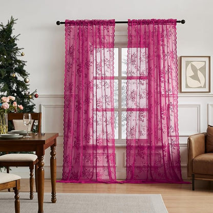 Raspberry Lace Curtains 54 Inch Length 2 Panels Rod Pocket Floral Lace Curtains - Image 2