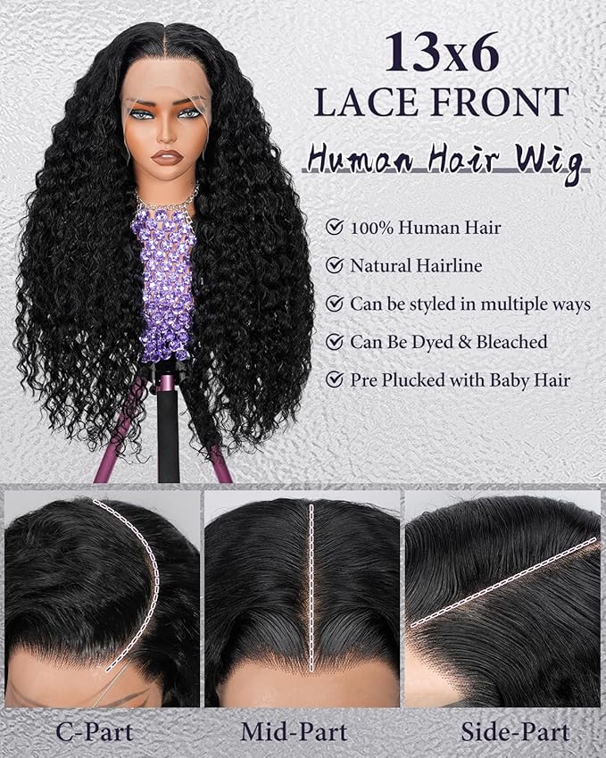 13x6 Deep Wave Lace Front Wigs Human Hair 180% Density Curly Human Hair Wig for Women Wet and Wavy HD Frontal Wigs Pre Plucked with Baby Hair 32Inch