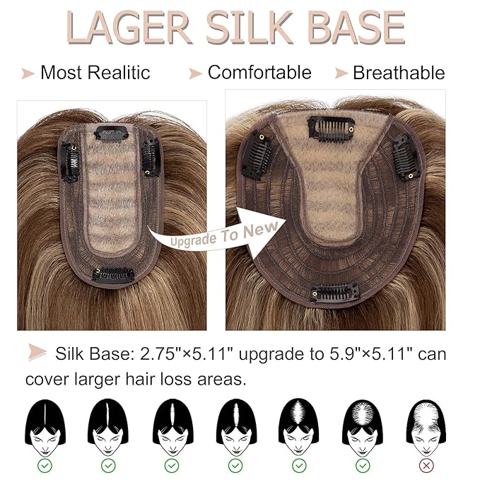 Hair Toppers for Women Real Human Hair No Bangs, 13 * 15 cm Larger Silk Base 150% Density Clip In Topper Hairpieces, Wiglet Top Pieces Add Volume -12 Inch 4P27 Medium Brown&Dark Blonde