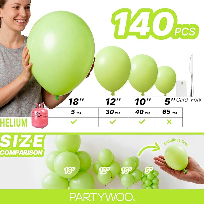 PartyWoo Lime Balloons 140pcs Green Light Green Color 18 12 10 5 Inch | 18 12 - Image 6