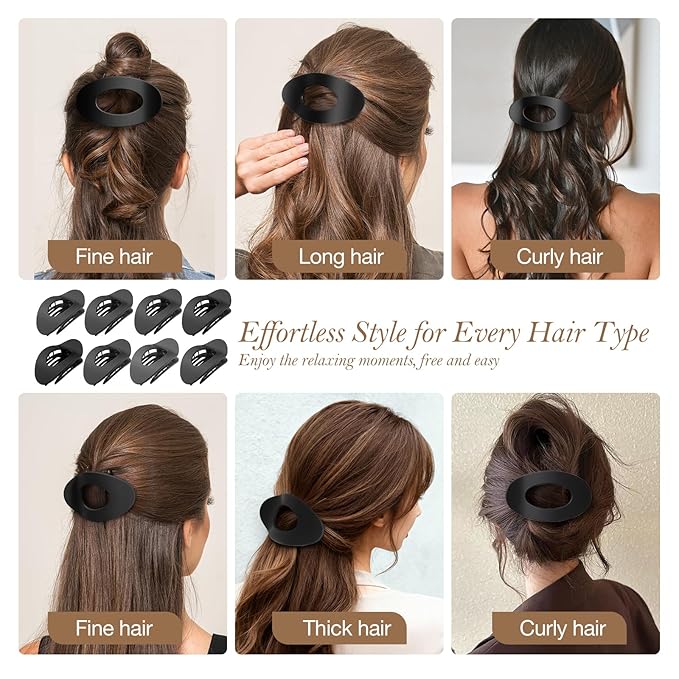 Upgraded 8 Pack French Flat Hair Clips for Women Girls, Matte Lay Flat Claw Clips, Large No-Slip Claw clips for Thick & Thin Hair, Strong Hold Styling Barrettes Accessories for Daily Styling(Black)
