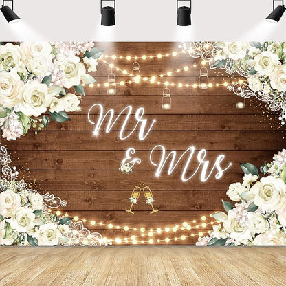 MEHOFOND 8x6ft Mr and Mrs Bridal Shower Backdrop Wedding Decorations Rustic by MEHOFOND
