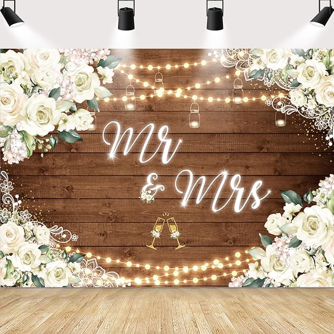 MEHOFOND 7x5ft Mr and Mrs Bridal Shower Backdrop Wedding Decorations Rustic by MEHOFOND