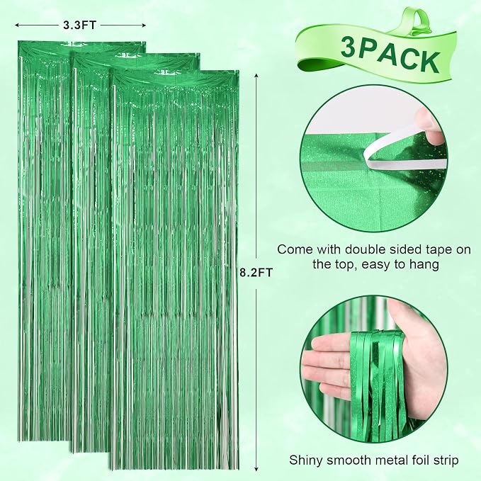 Voircoloria Laser Green Foil Fringe Backdrop Curtains, 3 Pack | Tinsel Streamers - Image 4