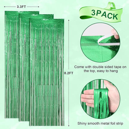 Voircoloria Laser Green Foil Fringe Backdrop Curtains, 3 Pack | Tinsel Streamers - Image 4
