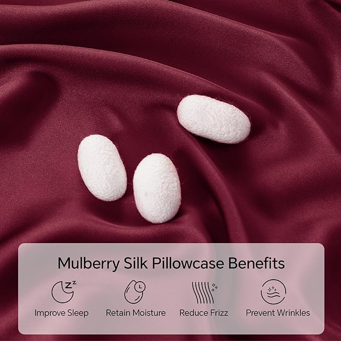 INFIIXSO Mulberry Silk Pillowcase for Hair and Skin, Silk Pillow Cases Standard Size with Hidden Zipper 20x26 Inches, Super Smooth and Soft Cooling Pillow Cases for Hot Sleepers(Burgundy, 1 Pack)