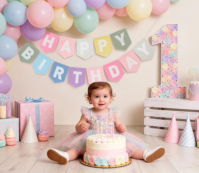 Happy Birthday Banner Felt Pastel Birthday Decorations Sign Pastel Rainbow - Image 3