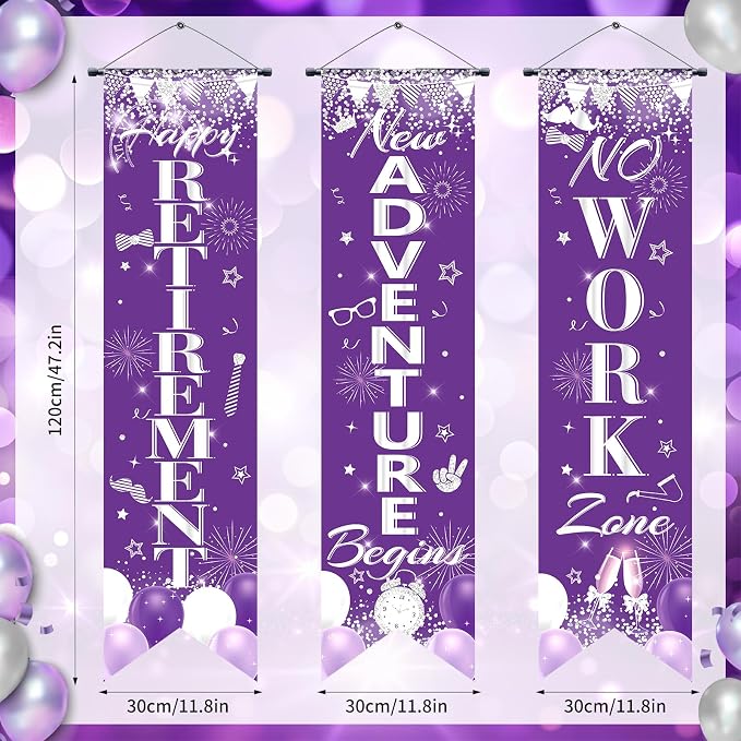 3Pcs Retirement Porch Sign Banner Purple Silver Happy Retirement Door Hanging - Image 2