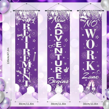 3Pcs Retirement Porch Sign Banner Purple Silver Happy Retirement Door Hanging - Image 2