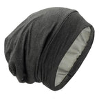 Silk Satin Lined Bonnet Sleep Cap - Adjustable Stay on All Night Hair Wrap Cover Slouchy Beanie for Curly Hair Protection for Women and Men - Solid Dark Grey