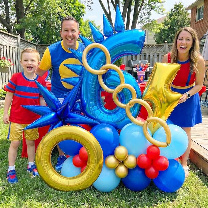 Speed Hedgehog 6th Birthday Balloon Centerpiece Set Royal Blue Red Gold Latex - Image 2