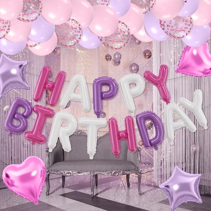 29PC Pink Purple Happy Birthday Balloon Banner, 16 Inch Foil Letters Letter - Image 8