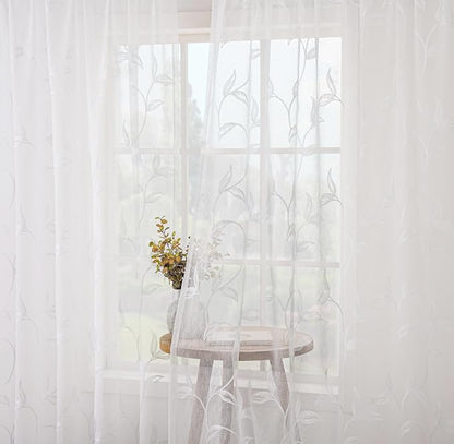 Sheer Kitchen Cafe Curtains Embroidered Leaf Pattern White 26x36 | Light - Image 7